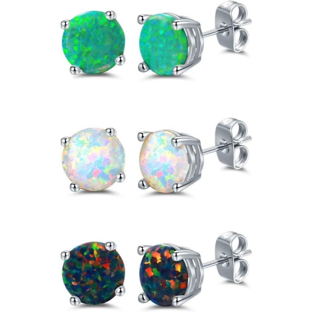 Luxurious 3 Pack of 18K White Gold Created Opal Stud Earrings - Unisex Design
